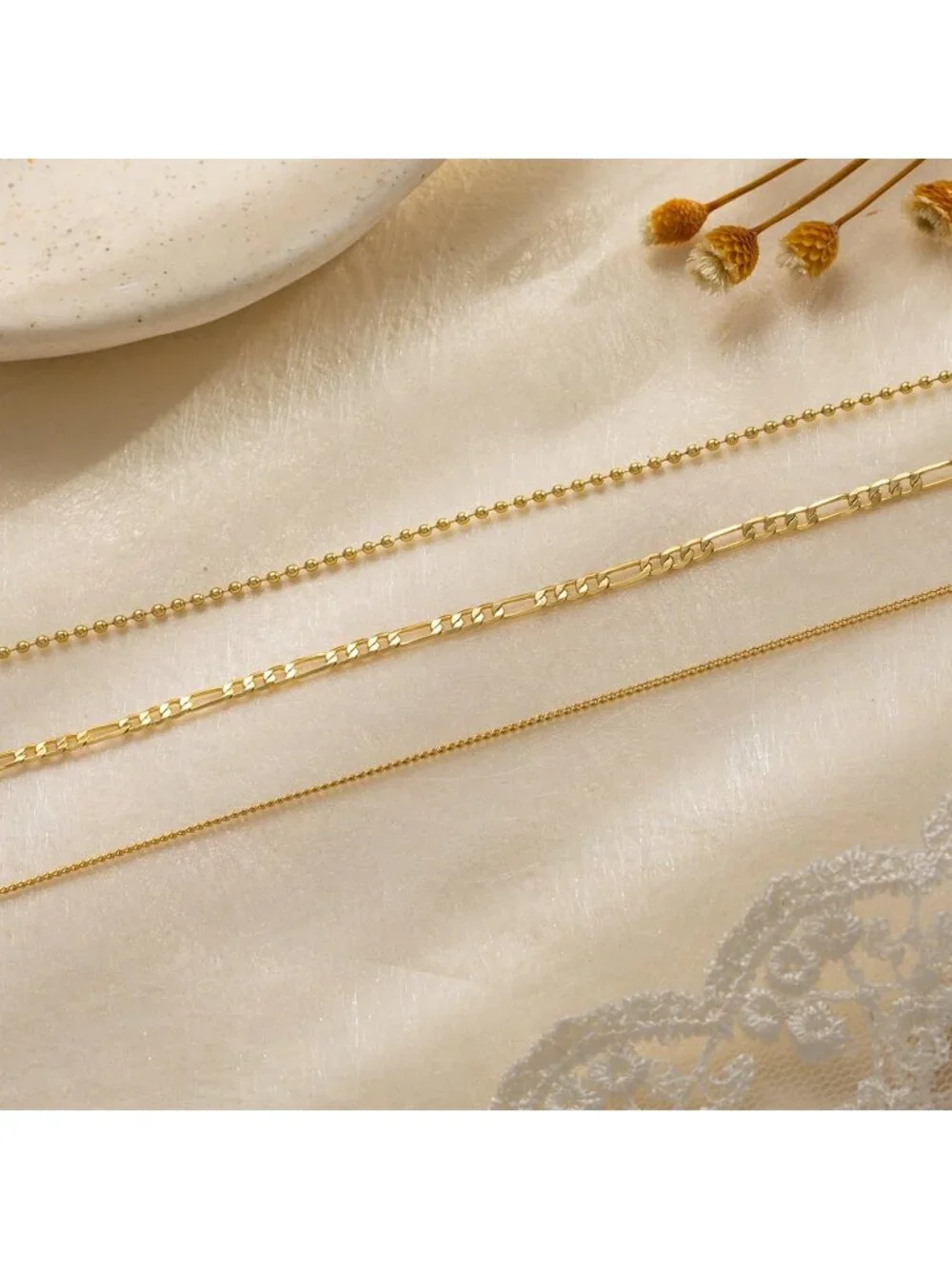 Women's Bead Cuban Gold Non Tarnish Chunky 14k Gold Plated Layered Necklaces - Picture 7 of 7